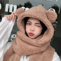 Lamb Fleet Hat Girl Winter with cute cap scarf gloves in one warm and cold protection ear cotton cap