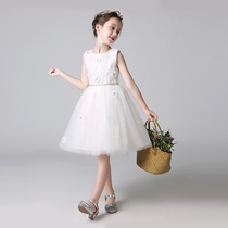 Lilando white flower girl dress girl children summer piano performance girl puffy gauze princess dress birthday