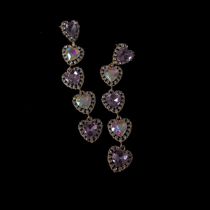 Japanese and Korean ins love heart shape with drill long color twice same rhinestone pink purple earrings 925 silver pin ear clip