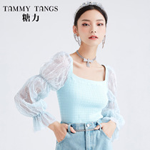 (Mall same section) Sugar spring autumn season new bright sheet mesh yarn splicing long sleeve square collar with fur-knitted sweatshirt