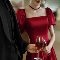 Toast to the brides wedding 2022 new summer conspicute satin woman wine red A sheen evening gown engagement nepotism