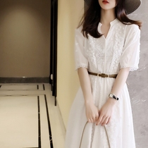 Lace Dress Dress Woman 2021 Summer New Cashew Slim Hollowed-out Temperament V Collar Long white A word skirt