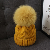 Fox hair ball wool hat female autumn and winter New Korean handmade twist hat tide Korean cute knitted hat female