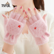 Gloves winter female Korean version of autumn plus velvet clamshell cute ins warm net red plush gloves to send New Year gifts