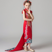 Girls  catwalk Cheongsam Xiuhe clothing Childrens summer thin little girl Cheongsam Chinese style Guzheng performance suit tail