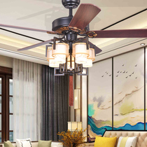 AQI new Chinese ceiling fan lamp Living room dining room retro fan lamp Wooden leaf Antique American industrial ceiling fan with lamp