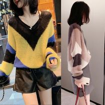 Europe station spring and autumn 2021 new European womens V-neck mohair sweater womens knitted top loose wear tide