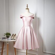 2020 new season pink one-line shoulder slim slim slim bridesmaid sister group evening dress short banquet fluffy skirt