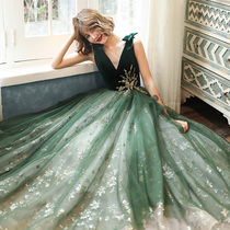 Annual evening dress female 2021 New V collar green dream noble atmosphere banquet host dress dress long