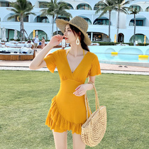 women's summer hot spring sexy belly covering slim one-piece dress small chest student large size new fairy style swimsuit