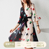 U N Q Moroccan style 18 m heavy pure mulberry silk color print v-neck silk dress female