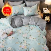 Winter milk velvet AB face four-piece coral flannel quilt cover single-sided velvet plus lint sheet hipster three-piece set
