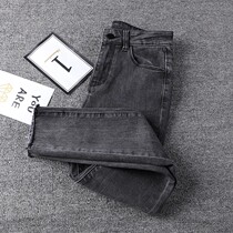 Small smoke gray denim eight-point female 2021 new velvet high waist tight skinny nine-point small pants