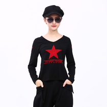 Sailor dance top womens 2018 new autumn long-sleeved black five-pointed star t-shirt V-neck square dance dance clothes