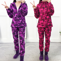 Exploratory soft shell clothing soft shell pants set men and women Spring and Autumn Outdoor Plus velvet warm windproof camouflage clothing charge tide style