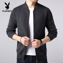 Playboy cardigan mens autumn zipper sweater jacket mens solid color Korean trend thin knitwear