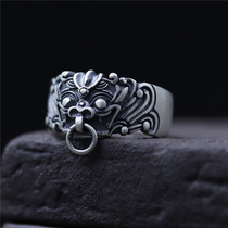 S999 foot silver opening pepper map Door God shop first silver ring male and female body protection beast gluttonous sterling silver ring