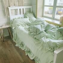 Pale green Ins Korean bedroom teenage girl pure color lotus leaf lace full cotton pure cotton bed with four sets of bed skirts