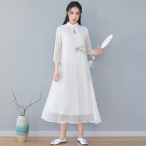 21 years of summer chiffon dress female original Qing Bamboo Chinese literature and art standing collar tea dress Zen dance dress L2111