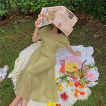 From avocado green matcha green dress waist temperament high waisted Tuff dress V neck collar a dress