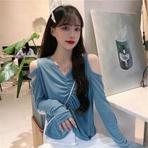 Early and autumn sunscreen T-shirt womens long sleeves loose thin V-collar slim joyfully off-the-shoulder sexy machine drawstring top