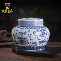 Jingdezhen ceramics full hand-painted Chai kiln blue and white folding flower tea leaf pot Storage pot sealed pot with lid Household ornaments