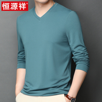 Hengyuan Xiang Spring and Autumn Mulberry Silk T-shirt Mens Long Sleeve V-neck Thin Solid Color Casual Modal base shirt Top