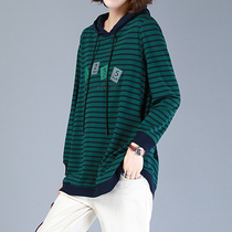 Striped sweater womens spring and autumn thin section loose 2021 spring hooded t-shirt medium long section 40-year-old womens top