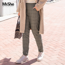 MsShe plus size womens clothing 2021 new fat mm winter wear rubber waist retro plaid small feet trousers