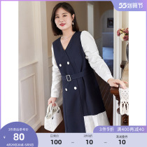 (clear cabin RMB100 ) Large-size womens clothing Spring loaded with fat mm temperament V-collar double-row buttoned irregular shirt style dress