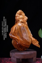 Cliff root carving ornaments to attract wealth into the treasure Cliff Wood carving ornaments Maitreya Buddha bag money bag Maitreya Buddha