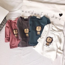 2020 pure cotton spring and Autumn childrens cartoon square lion T-shirt Men and women children round neck base shirt Childrens baby top