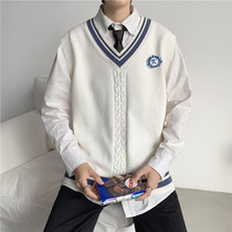 Autumn academic style V-neck sleeveless sweater boys loose trend knitted vest ins Port wind waistcoat Tide brand