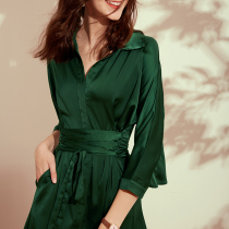 Dark green dress 2021 spring new satin port taste retro skirt temperament big fashion waist dress