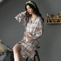 Sexy nightdress women spring and autumn 2021 new silk long sleeve cardigan ice silk plaid pajamas high-grade silk