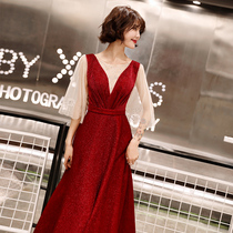 Toast dress bride summer 2021 wedding new thin wine red simple atmospheric v-neck evening dress skirt long section