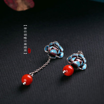 Original Asymmetric Earrings Ancient Method Burn Blue Fugui Peony Flowers South Red Round Pearl Classical Temperament Female Ear Nail