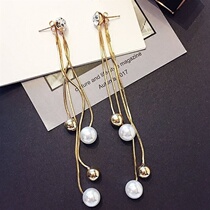 Korean version of long Joker earrings personality tassel pendant front and back style pearl earrings Super fairy temperament earrings female
