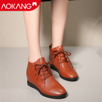 Aokang womens cotton shoes leather boots 2020 autumn and winter New Martin boots lace-up inner casual boots British boots