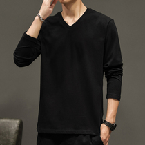 Mens long sleeve T-shirt trend mens V-collar mens cotton autumn clothes base shirt autumn and winter with solid white clothes