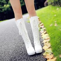 cosplay dance boots 2019 spring and autumn cos shoes White black high tube front lace up Martin boots middle heel womens boots plus size