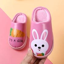 Childrens cotton slippers Parent-child boy female treasure winter PU leather waterproof non-slip cartoon indoor home childrens slippers