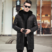 2018 winter fur body A mans medium-long hooded leather coat sheep shearing mens wool coat casual fur coat