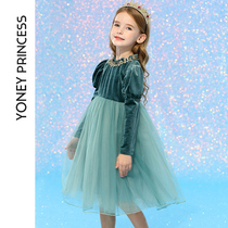 Yongli girl dress 2021 Autumn New 3 children green velvet princess dress 6 years old girl foreign style skirt