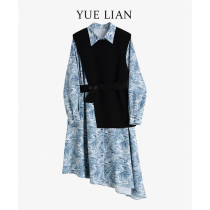 (Hong Kong designer brand) 2021 early spring new printed shirt dress knitted waistcoat two-piece set