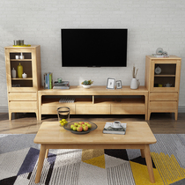 100% all solid wood Nordic TV cabinet tea table high and low cabinet combination living room Japanese small unit cabinet