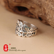 Designer S925 sterling silver ring retro old fashion personality hollow pattern wide-sided atmospheric index finger ring