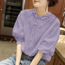 Purple Lantern Short Sleeve Shirt Women's Wooden Ear Top Lace Skinny Shirt 2022 Spring Autumn New European