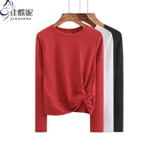 Spring and autumn new round neck cotton short hem knotted long sleeve top with inside tie Korean womens T-shirt Red