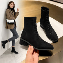 ZHR2021 winter new boots Womens thick heeled Heel lace-up Martin boots square head plus velvet socks skinny boots